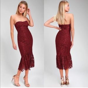 Lulu’s Burgundy Lace Divine Nights Strapless Midi Dress